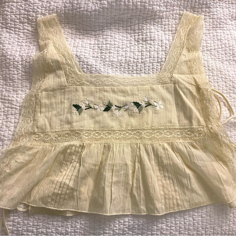 For Love & Lemons Pale Yellow Embroidered Lace Crop Top Jolene